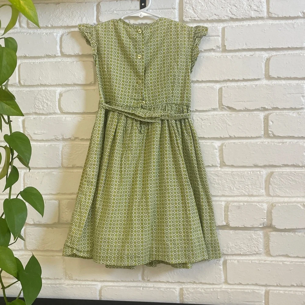 Celeste Hand-sewn Green Smocked Dress with delicate yellow floral accents Size 3